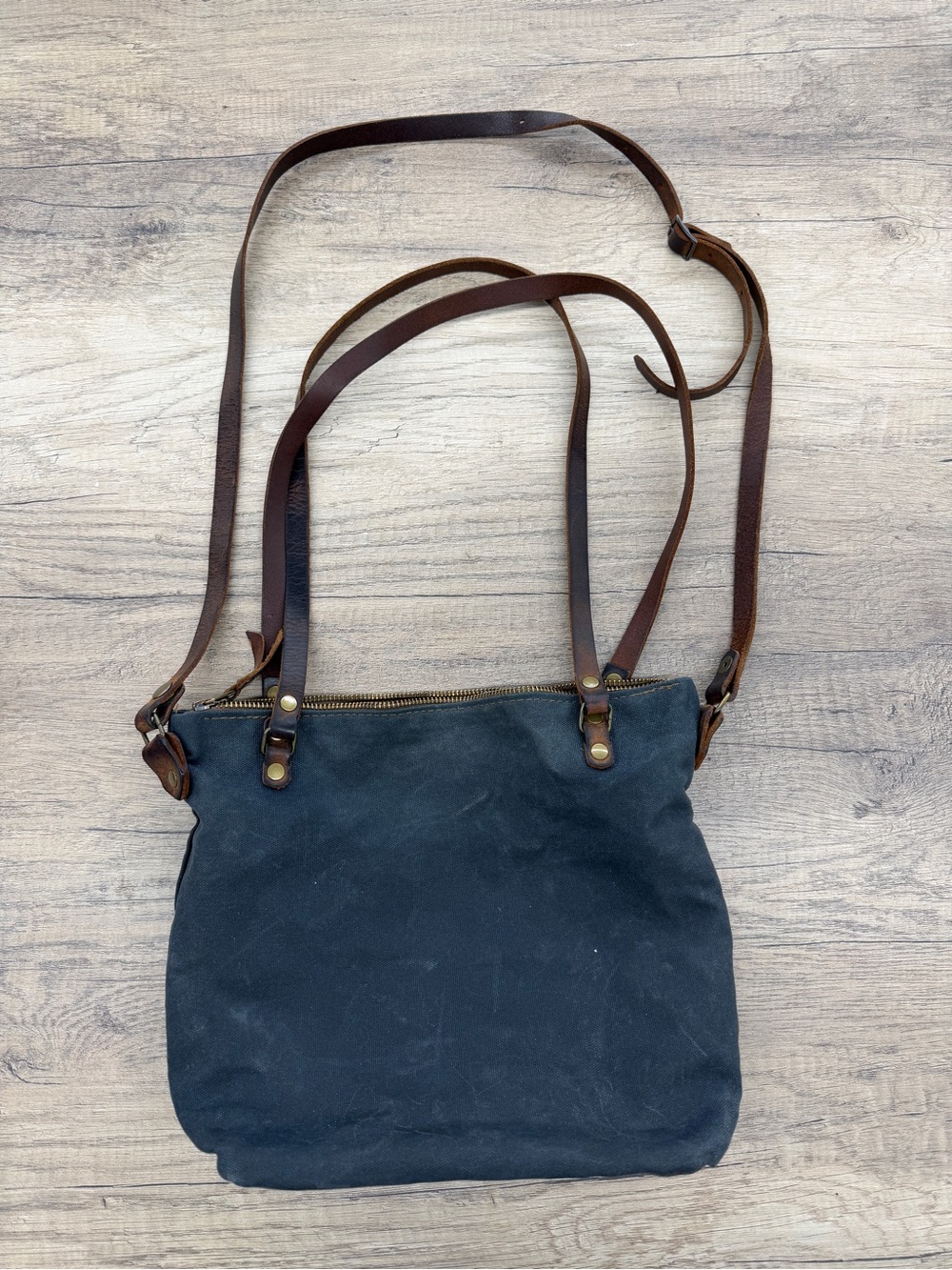 In Blue Leather-Trim Canvas‎ Tote — Tan & Brown